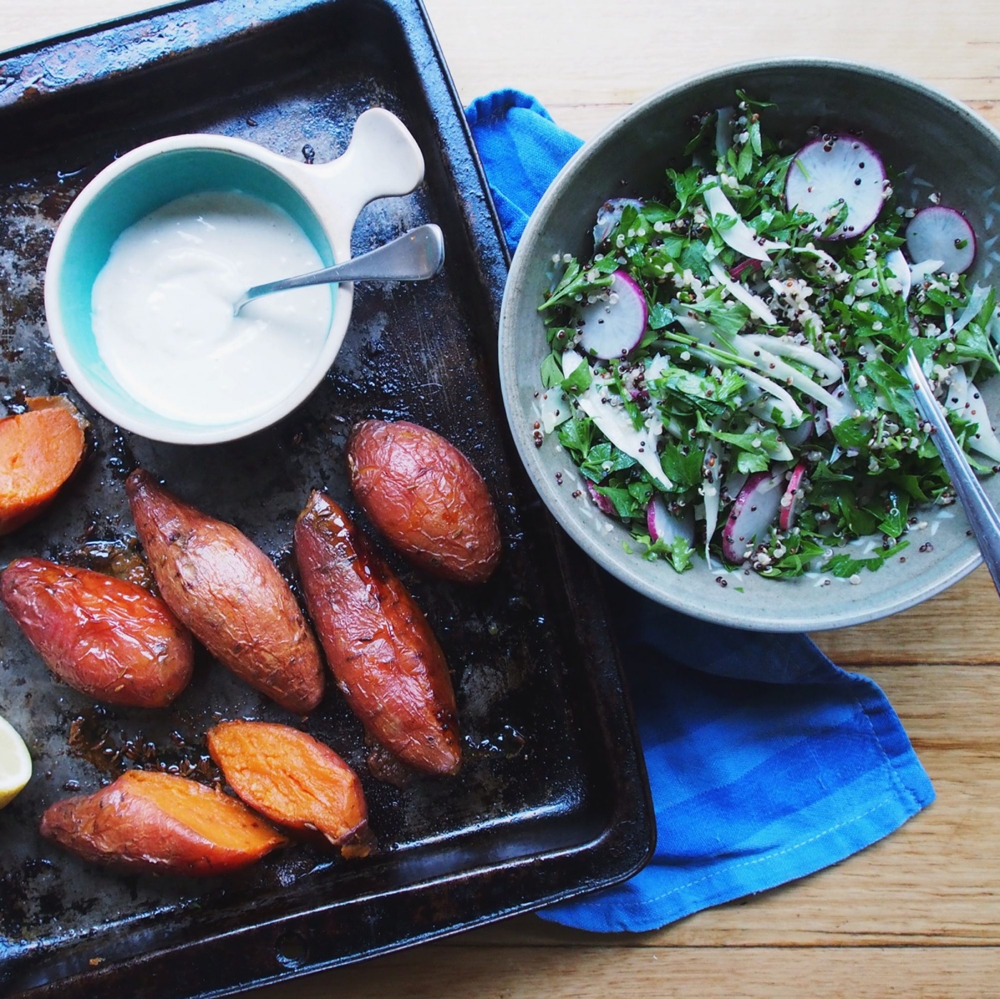 Herby Quinoa Salad with Roast Sweet Potatoes and Tahini Yoghurt Sauce