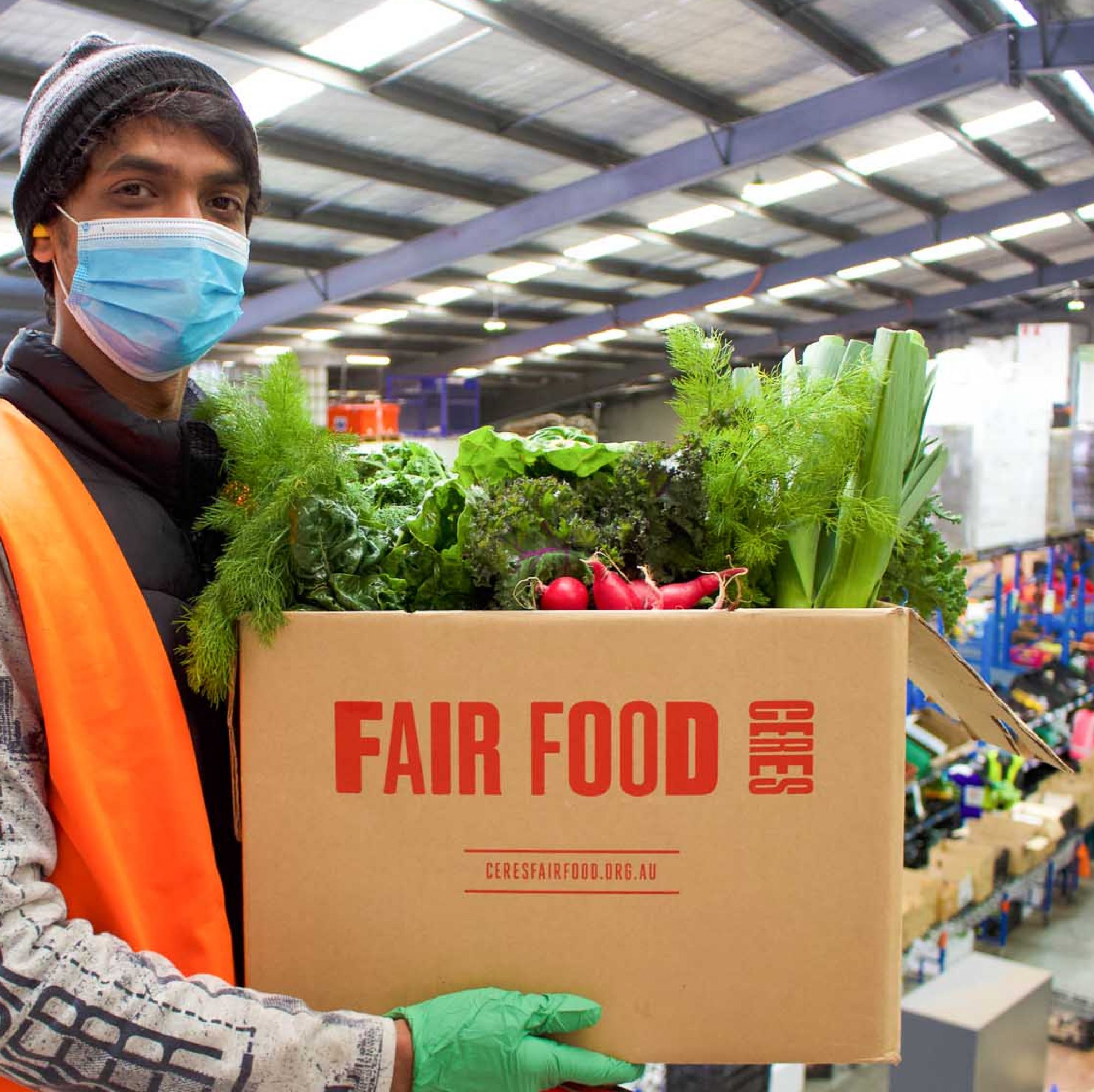 Prasad and veggies at the Fair Food warehouse