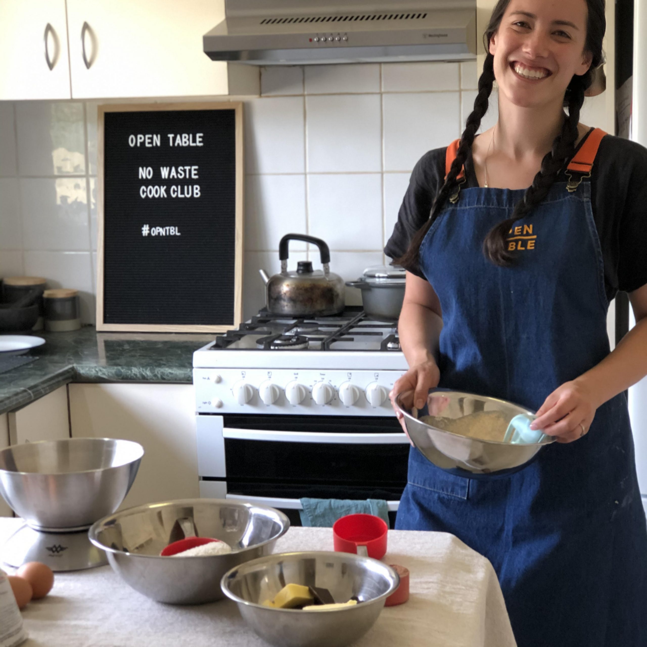 Alanna Brown making a cake, for Open Table's online cooking workshops