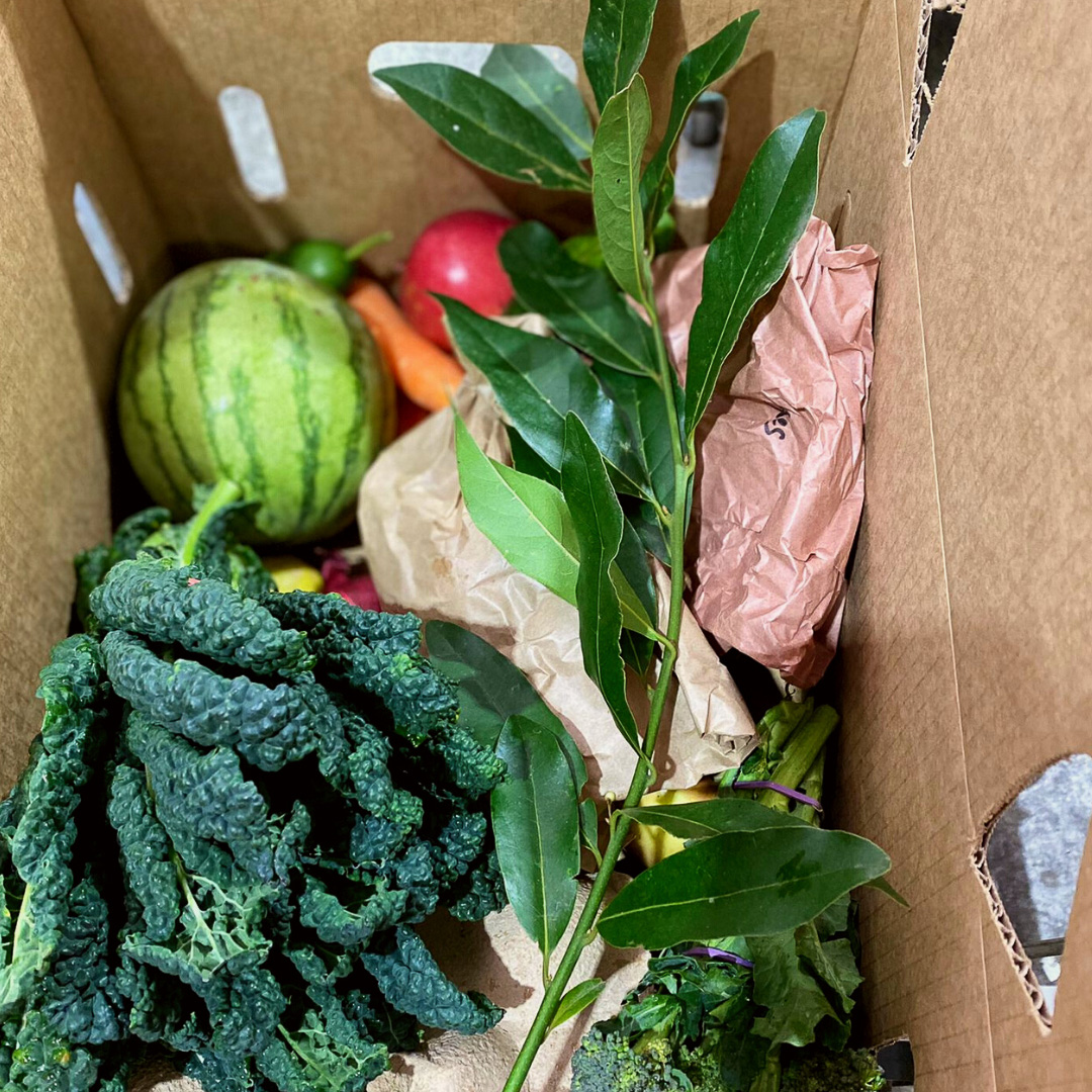 Winter fruit and veg box with donated bay leaves