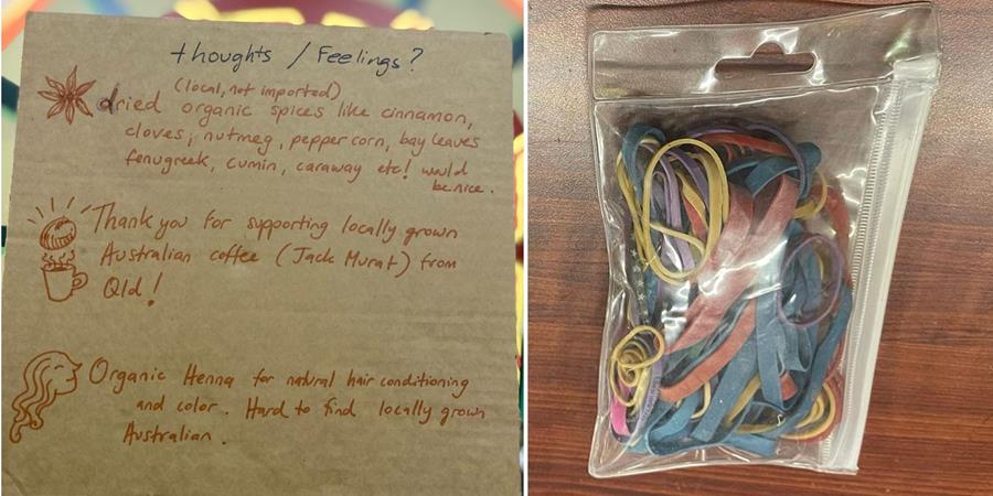 RubberbandsandFeedback - CERES Fair Food Rubber bands for reuse, and customer feedback