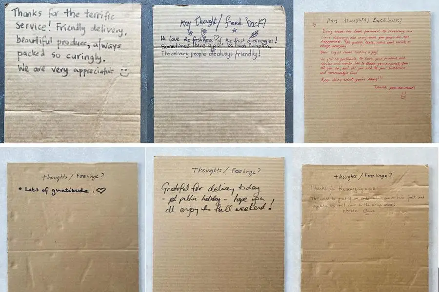 Insert-feedback-collage - CERES Fair Food Customer feedback on our returned box inserts