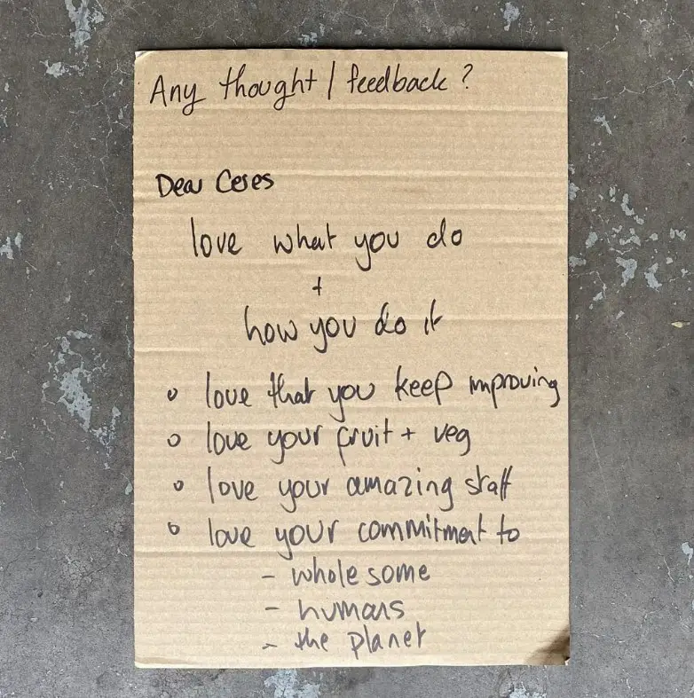 CardboardFeedback-June23 - CERES Fair Food Customer feedback on cardboard insert