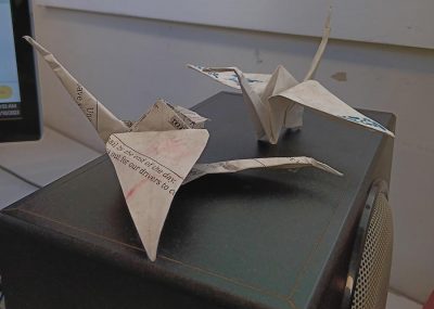 Robyn's paper cranes at the Fair Food office