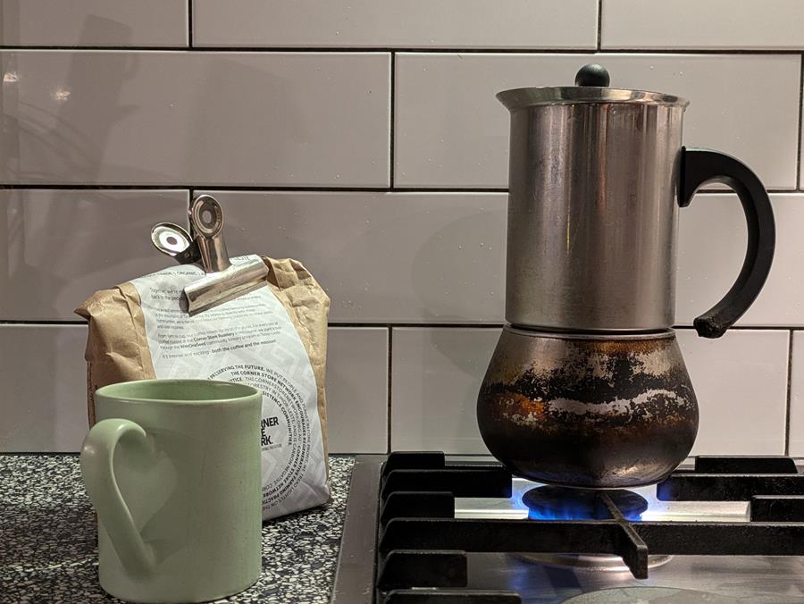 ChrisEnnis_Coffee_ritual2 - CERES Fair Food Coffee pot on the stove, Chris' morning ritual
