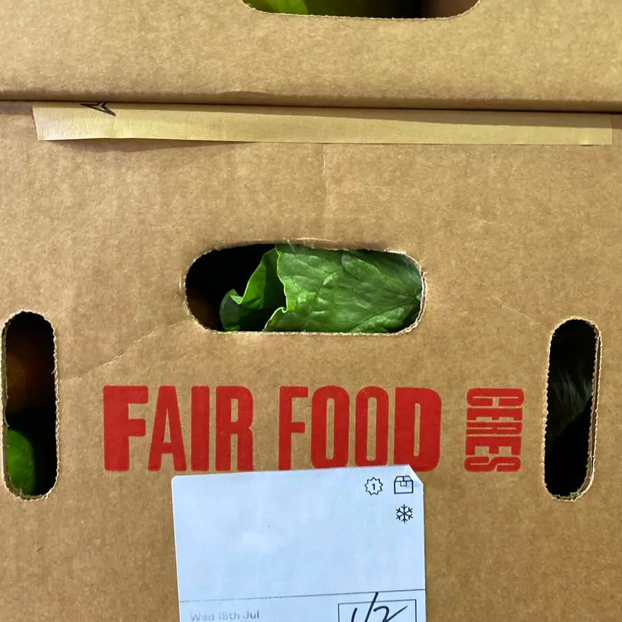 Close up of a carboard box from Fair Food, with the vegetable delivery showing through the gaps and the logo printed in red.