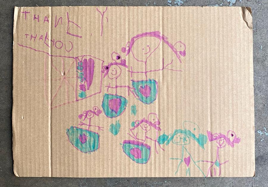 Box insert liner thankyou - CERES Fair Food Cardboard Box insert with a toddler's drawing and words 'thank you' - CERES Fair Food