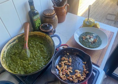 Green Spelt Risotto being made in the kitchen