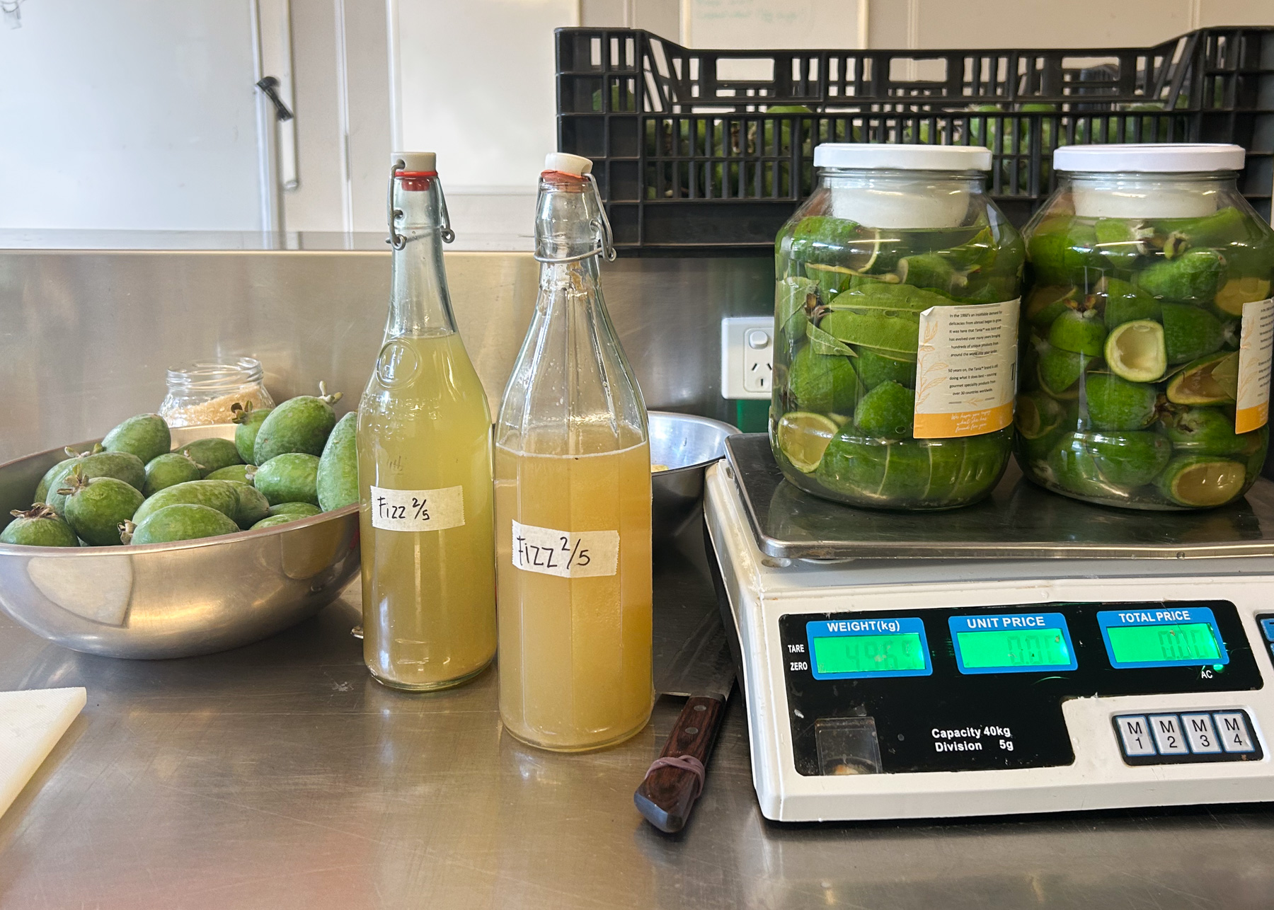 Feijoa Fizz ingredients and bottles Ingredients and bottles of feijoa fizz, on the kitchen bench
