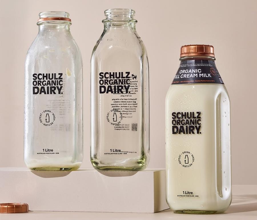 New Australian made glass bottles for Schulz Organic Dairy milk in returnable glass.